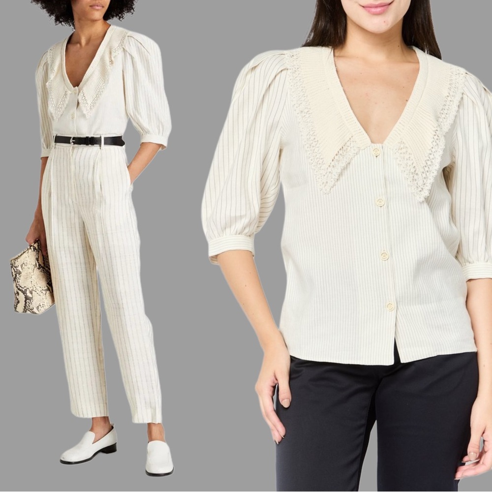 SANDRO NWT Cream Ecru Striped Linen Lace Peter Pan Collar Button Down Shirt
